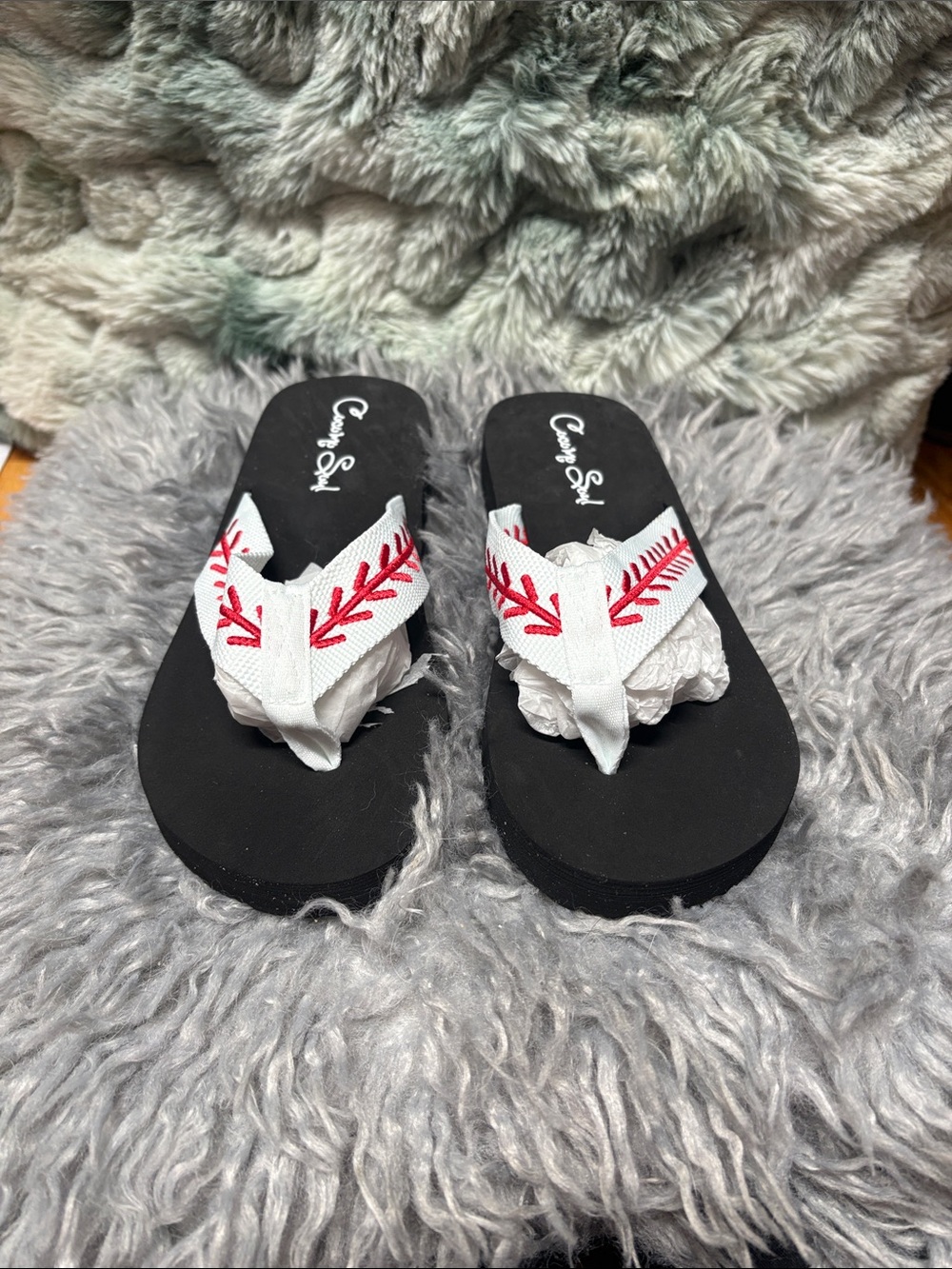 NWOT Coconuts Black Flip Flop Baseball Sandals White & Red Embroidered Straps